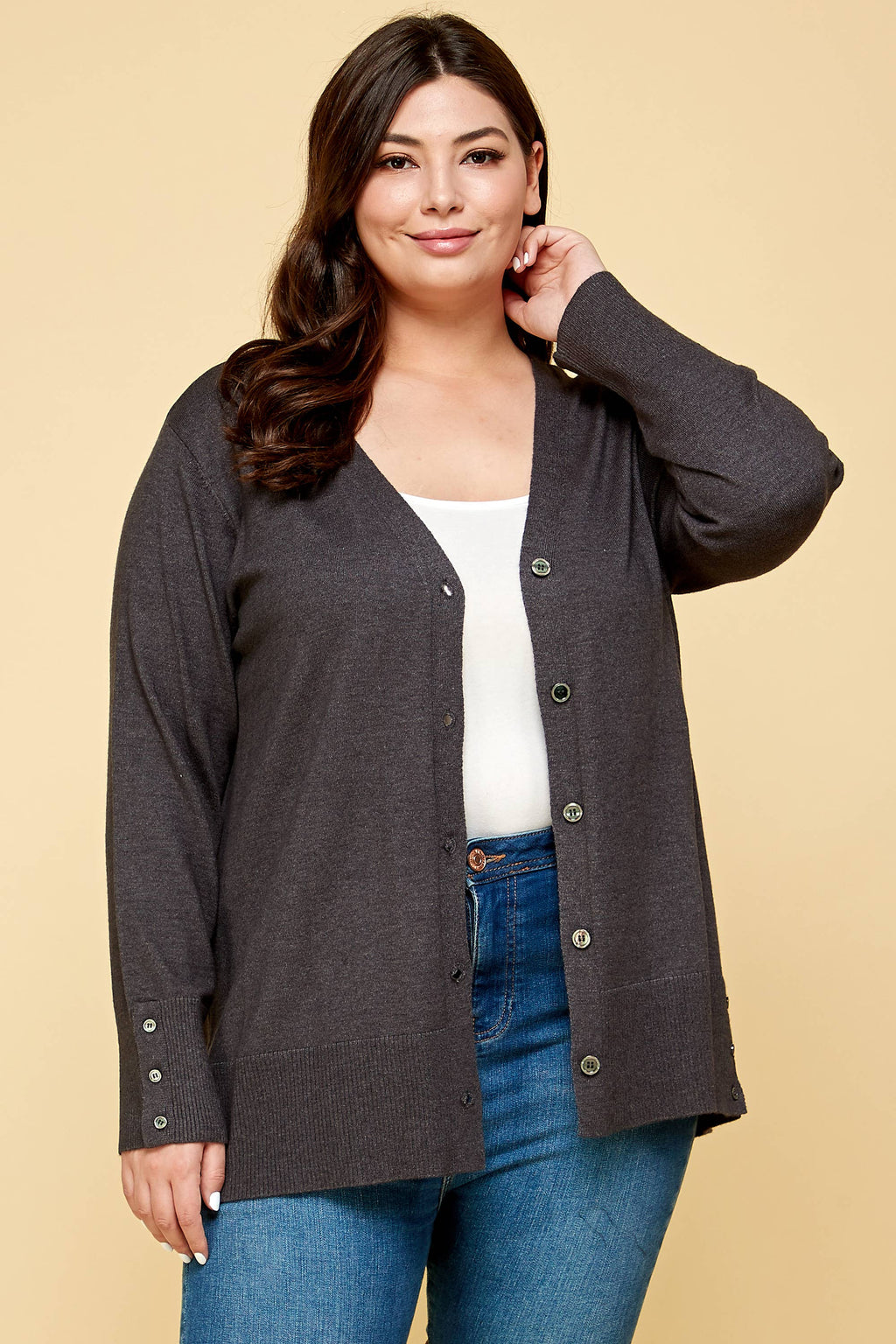 Charlie Plus Size Button Up Knit Cardigan | Charcoal