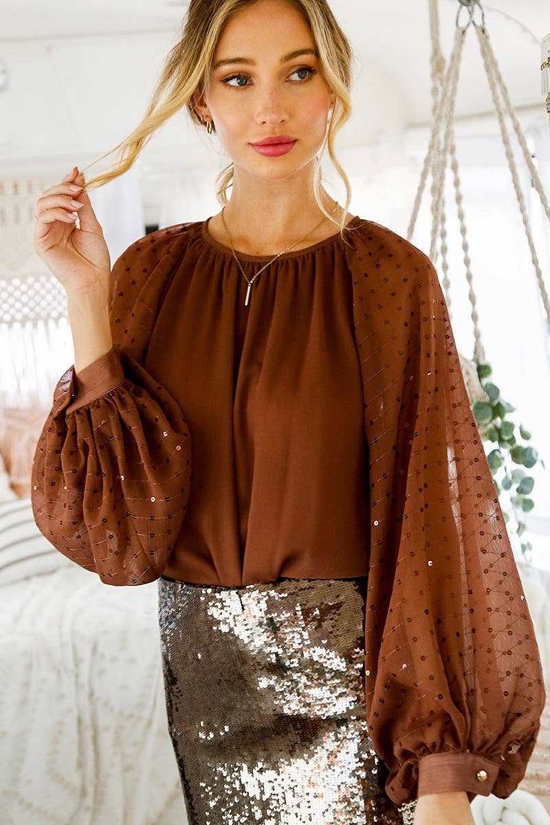 Chelsea Sequin Chiffon Blouse | Taupe