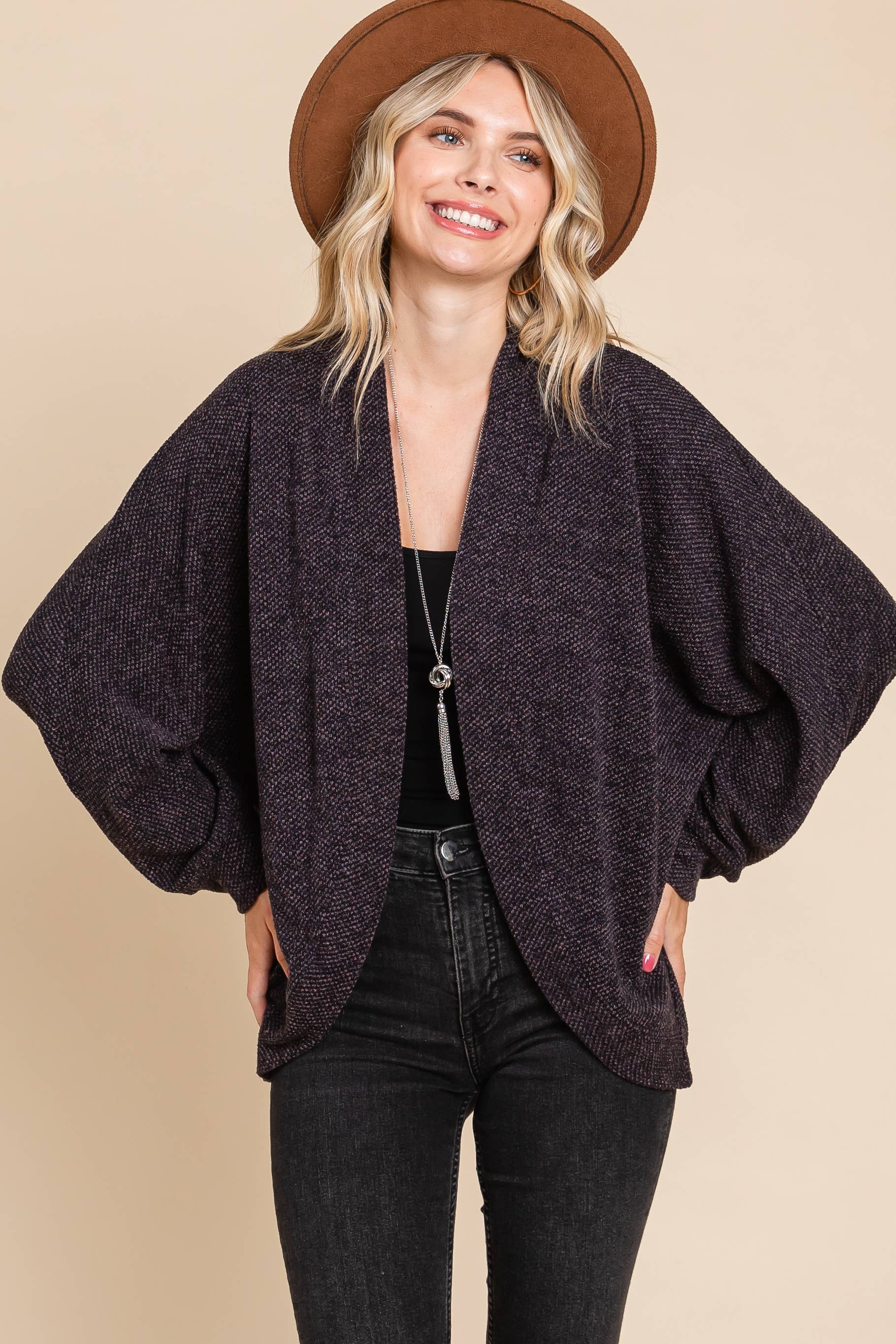 Plus Size Jacquard Knit Open Front Circle Cardigan