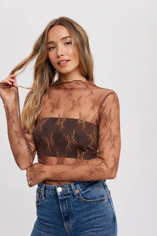 Mila Floral Embroidery Lace Mesh Layering Top | Nude