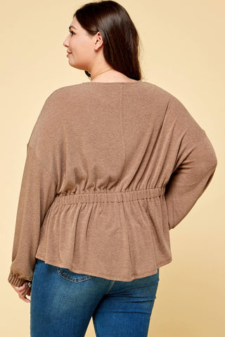 Lesley Plus Size Solid Rouched Back Top | Brown