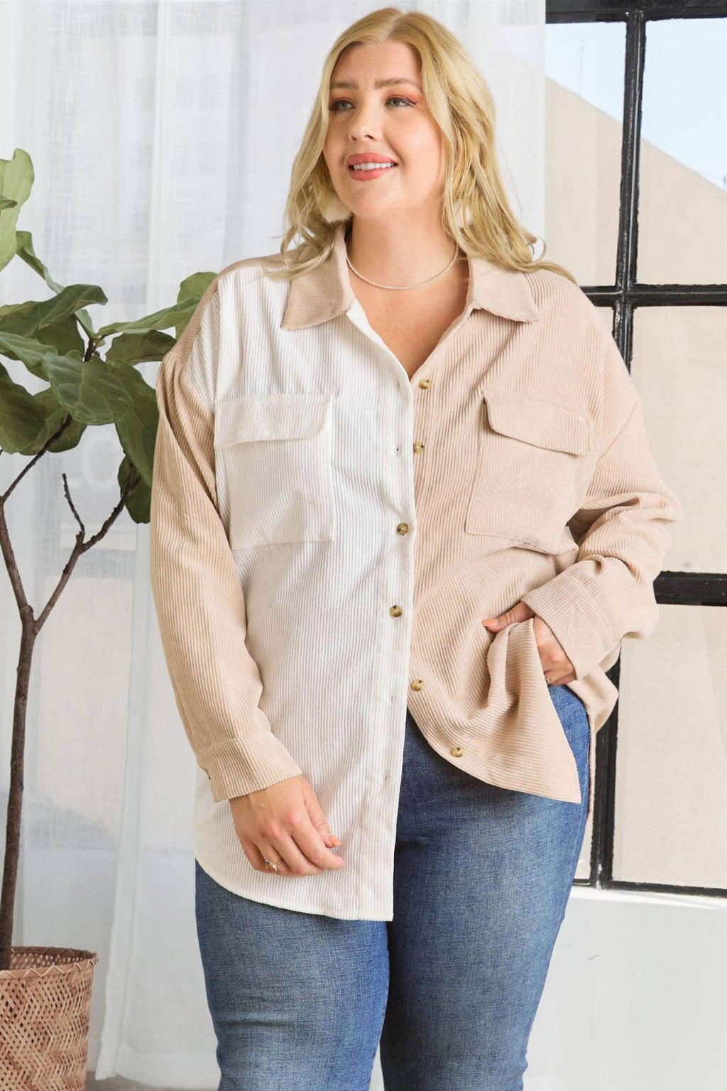 Oakley Plus Size Colorblock Shacket | Olive + White