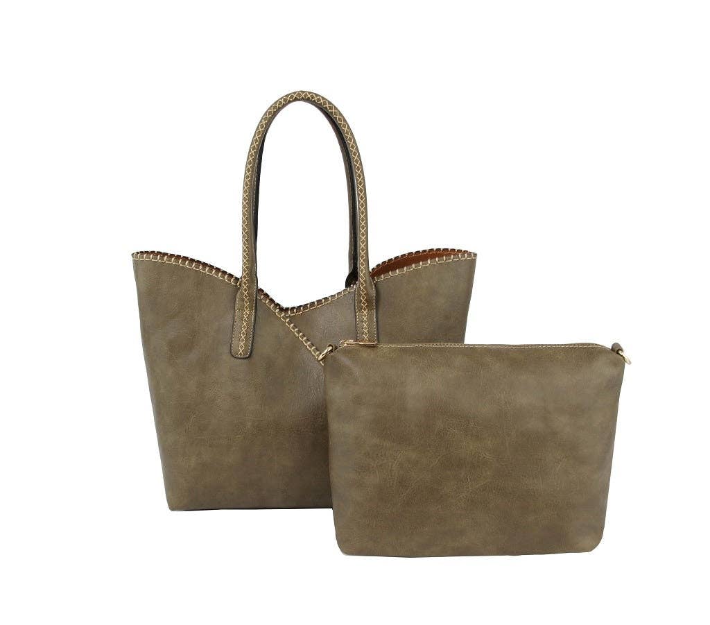 2-in-1 Stitch Trim Detail Shoulder/Tote Set Bag | Gray