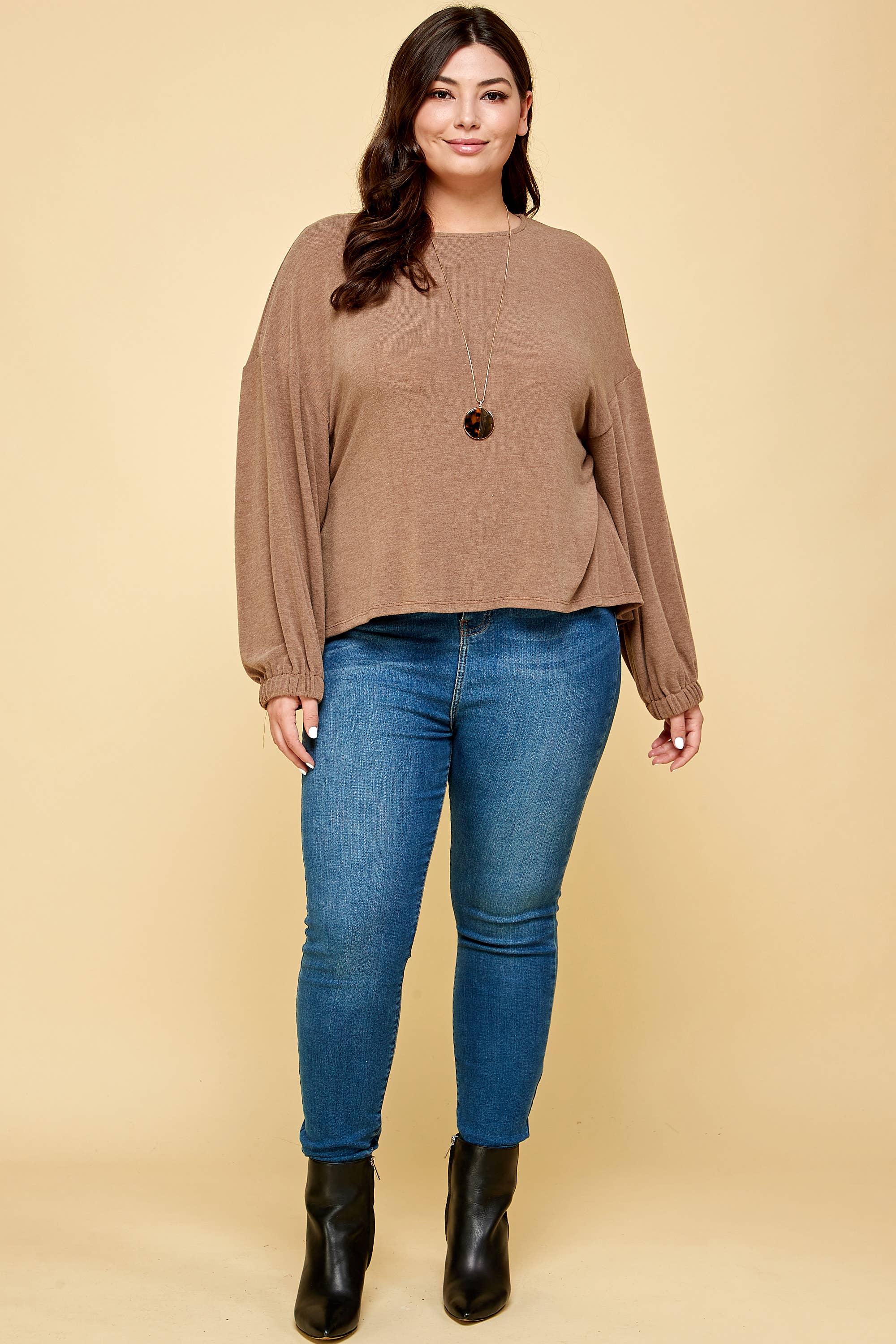 Lesley Plus Size Solid Rouched Back Top | Brown