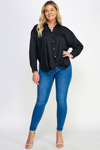 Plus Size Sabrina Satin Twist Front Shirt | Black