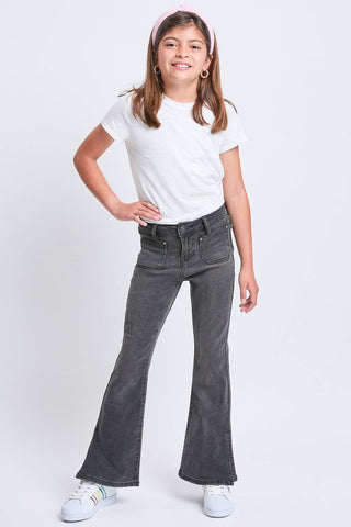 Girls Flare Front Patch Pocket Side Slit Hem Jeans | Black
