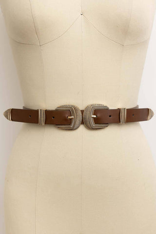 Double Buckle Faux Leather Western Style Belt | Black