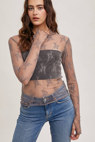 Mila Floral Embroidery Lace Mesh Layering Top | Hazelnut