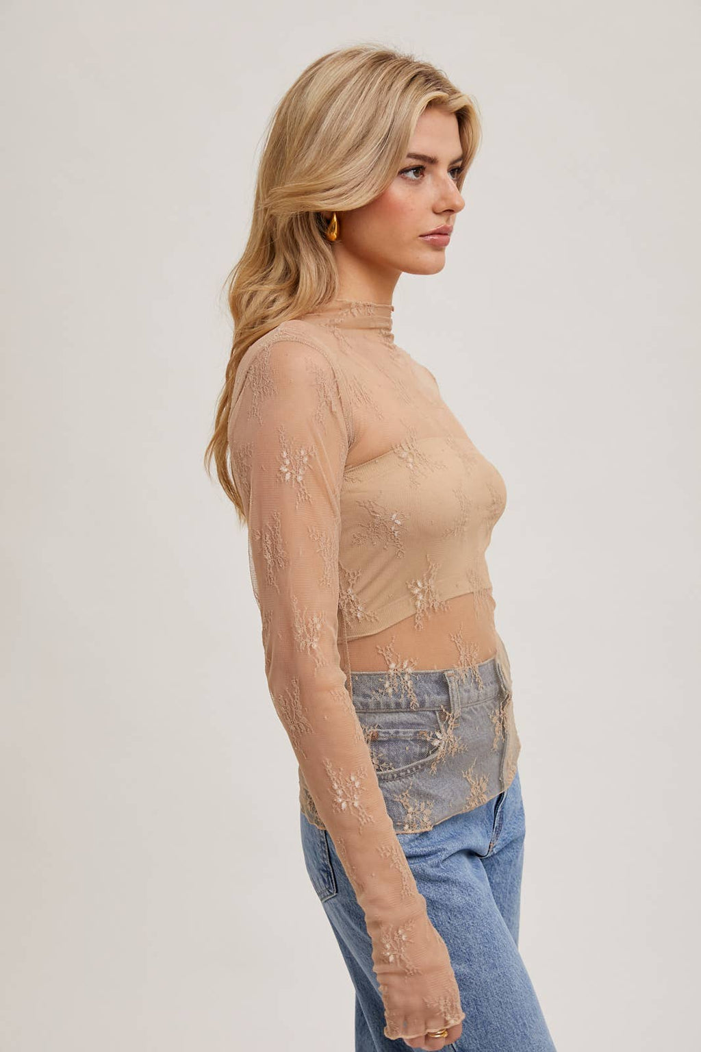 Mila Floral Embroidery Lace Mesh Layering Top | Hazelnut
