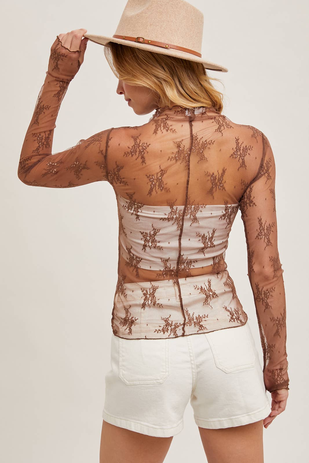 Mila Floral Embroidery Lace Mesh Layering Top | Hazelnut