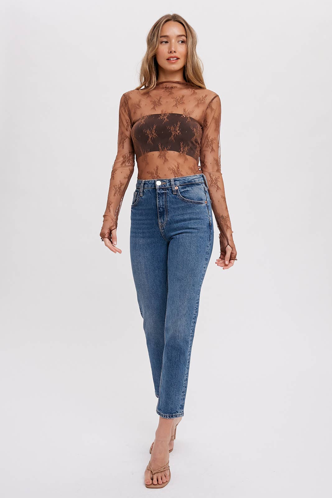 Mila Floral Embroidery Lace Mesh Layering Top | Hazelnut