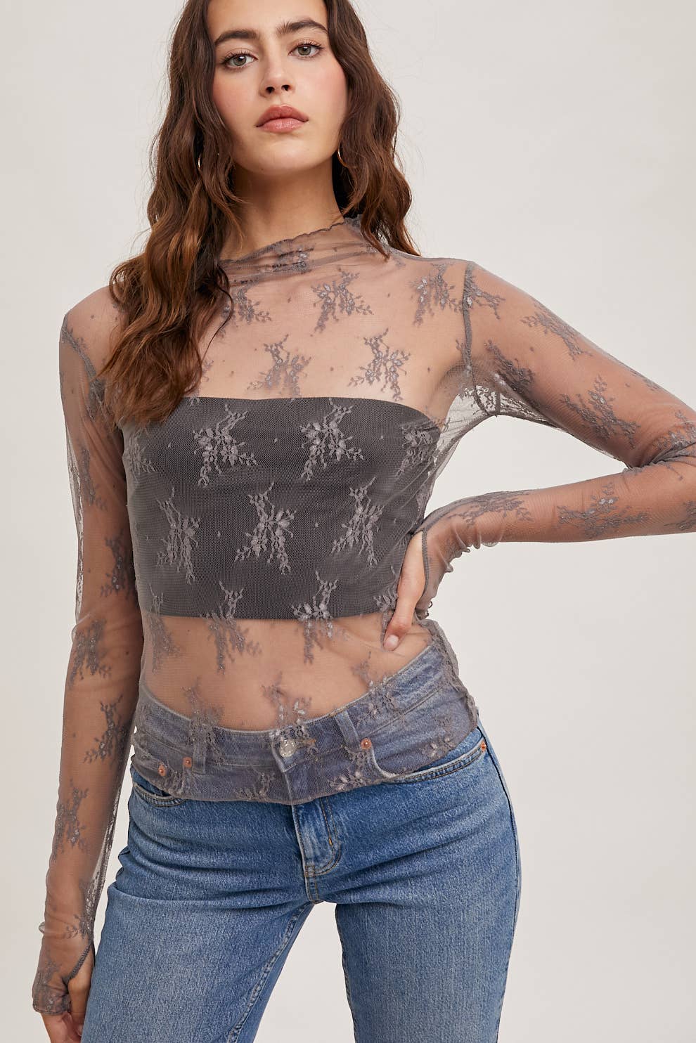 Mila Floral Embroidery Lace Mesh Layering Top | Hazelnut