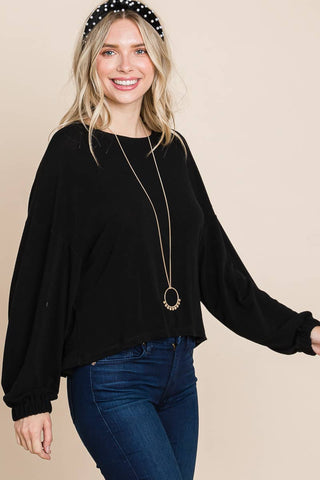 Lesley Plus Size Solid Rouched Back Top | Black