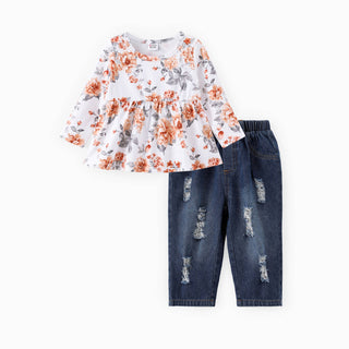 Everly Ruffled Top + Ripped Jeans Set | Brown + White
