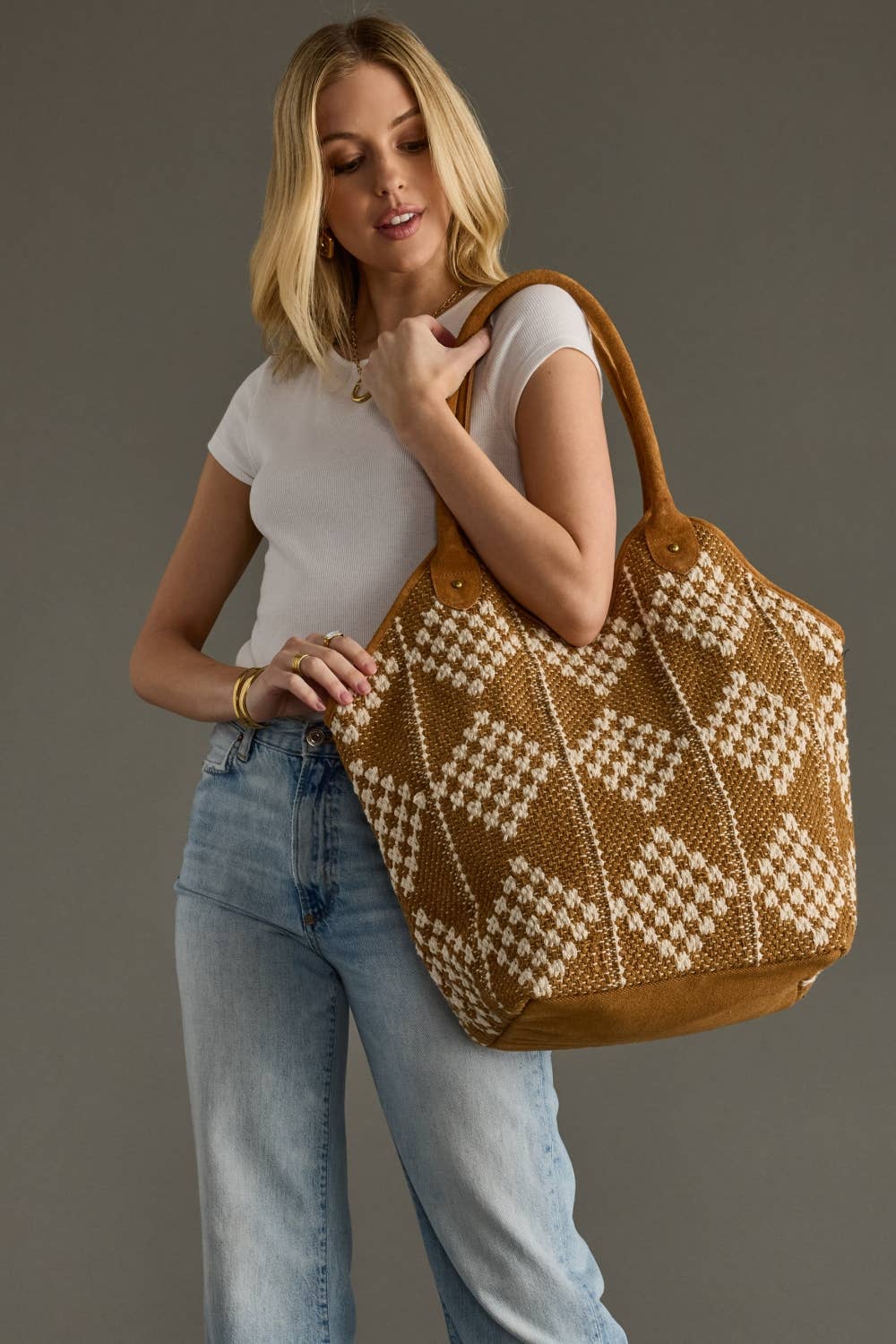Brown + Cream Diamond Pattern Tote