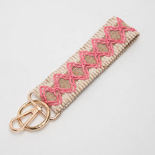 Wave Pattern Straw Wristband/Key Chain | Beige Black