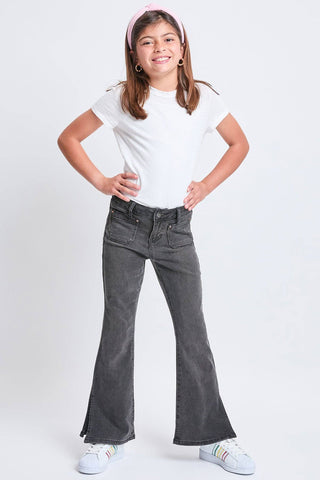 Girls Flare Front Patch Pocket Side Slit Hem Jeans | Black