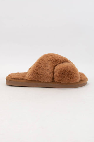 Fluffy Fur Cross Slippers | Camel