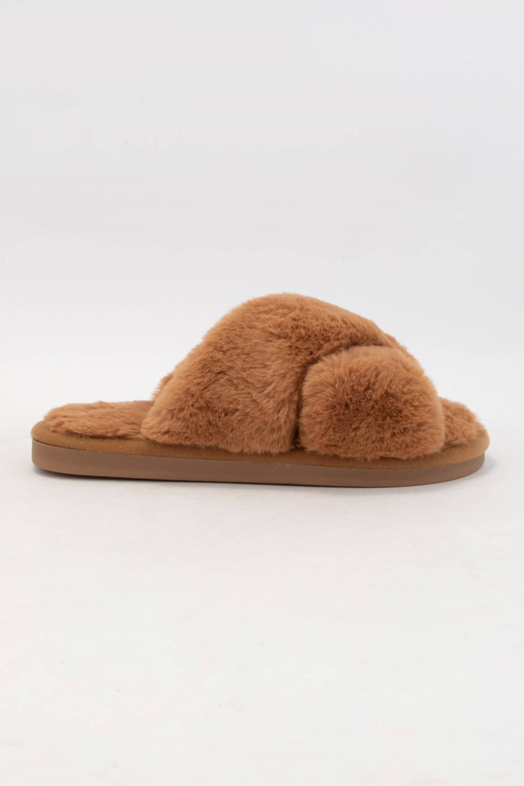Fluffy Fur Cross Slippers | Camel