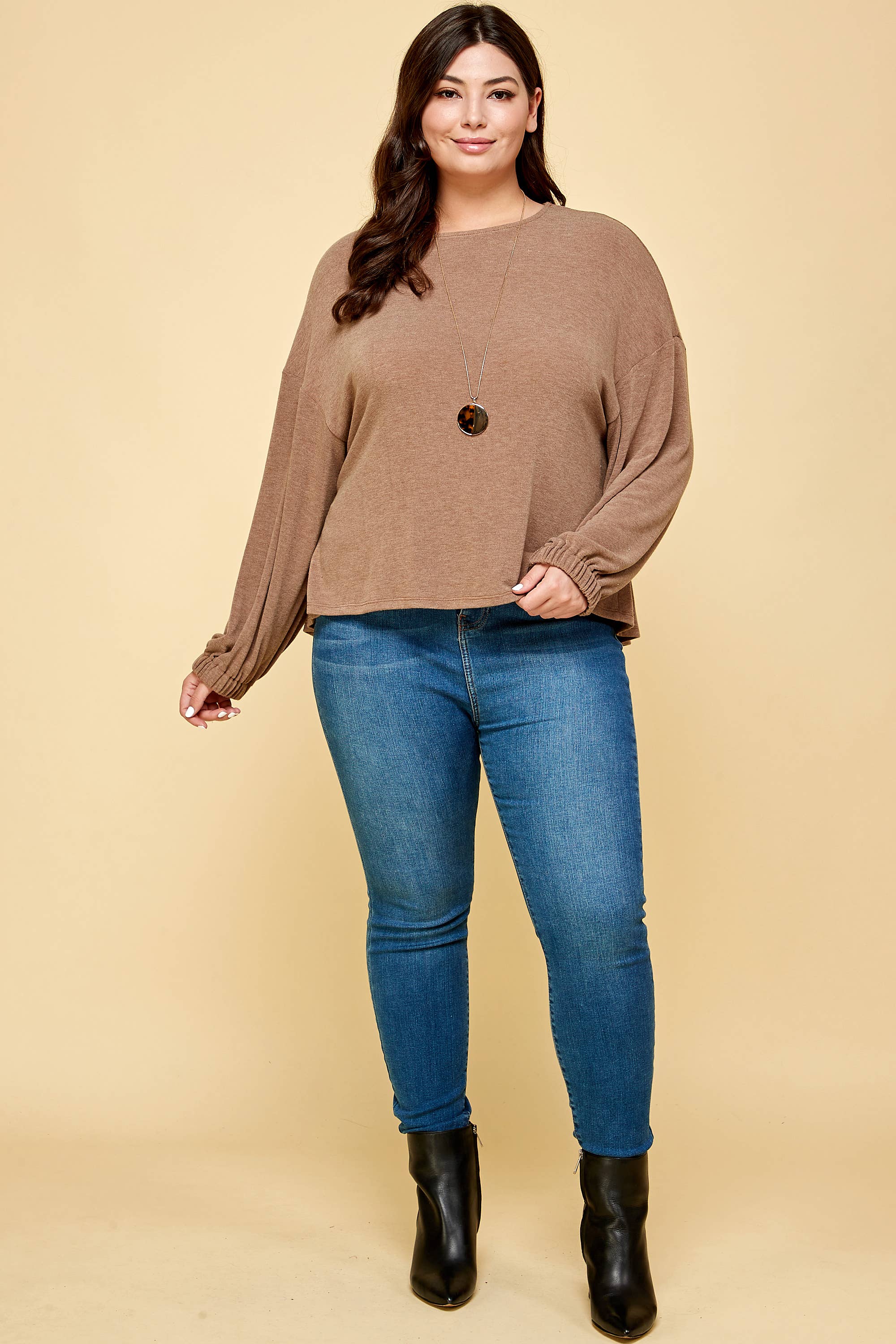 Lesley Plus Size Solid Rouched Back Top | Brown