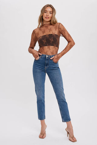 Mila Floral Embroidery Lace Mesh Layering Top | Nude