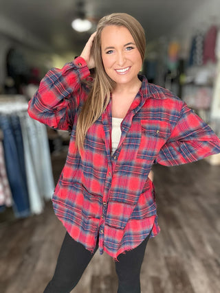 The Randi Raw Hem Oversized Flannel | Charcoal (C5)