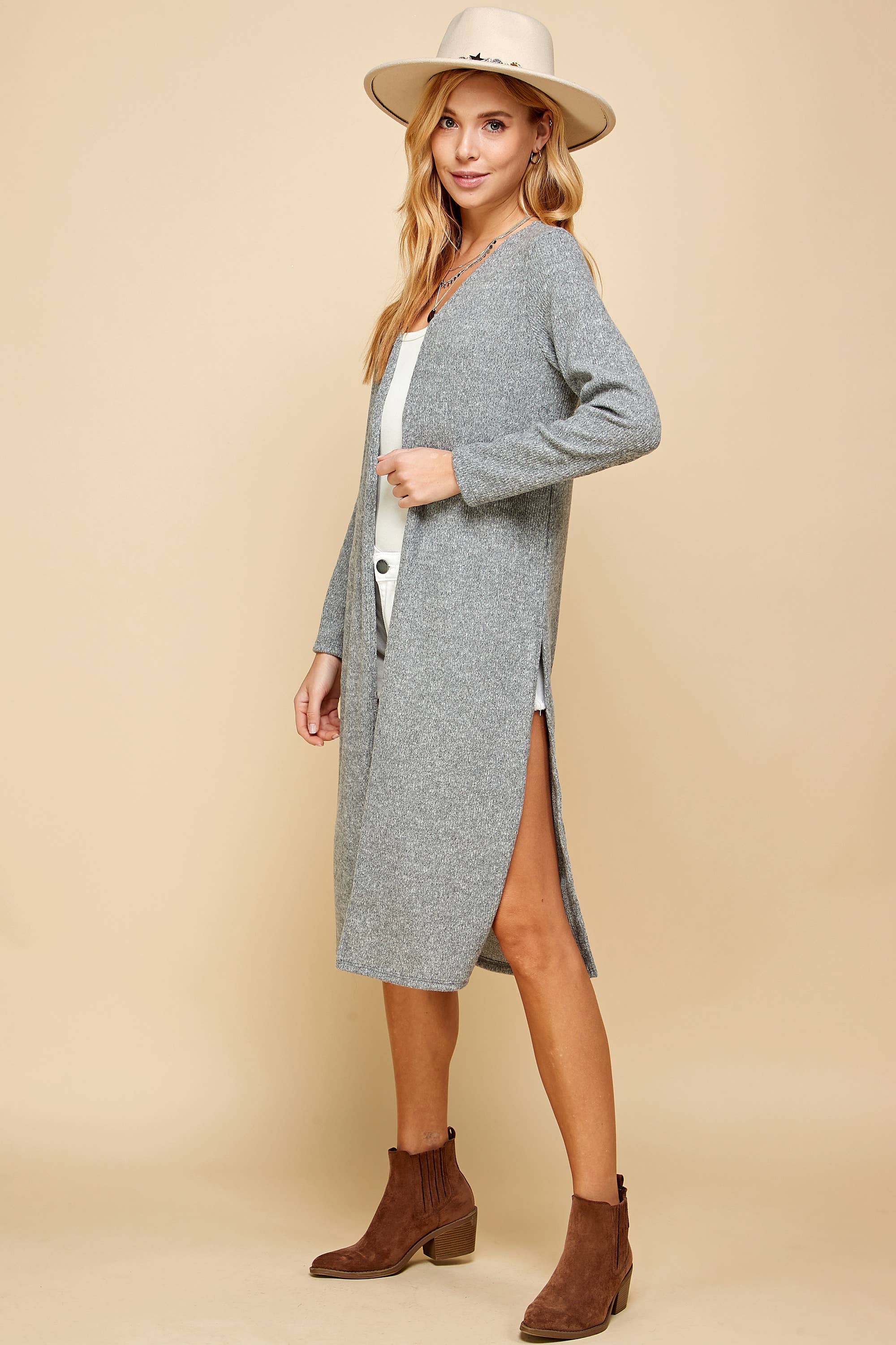 Jane Two-Tone Ribbed Longline Cardigan | Oat + Gray