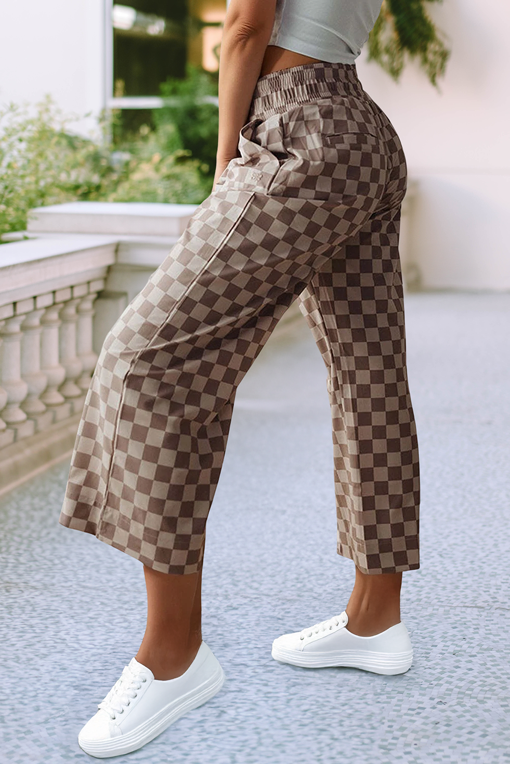 Chelsea Elastic Waist Checkered Pants | Khaki