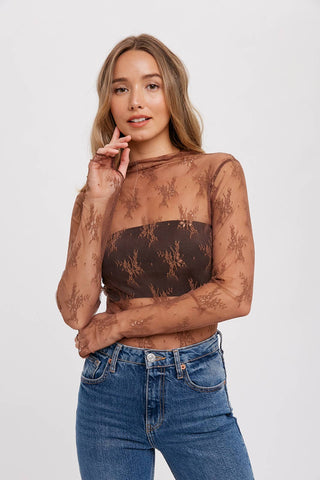 Mila Floral Embroidery Lace Mesh Layering Top | Nude