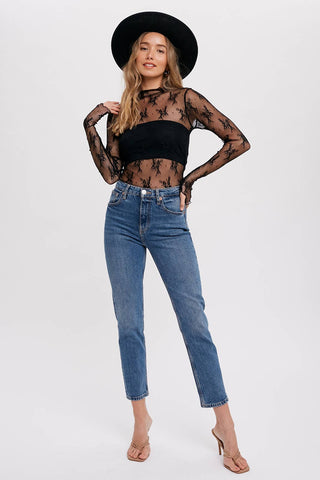 Mila Floral Embroidery Lace Mesh Layering Top | Nude