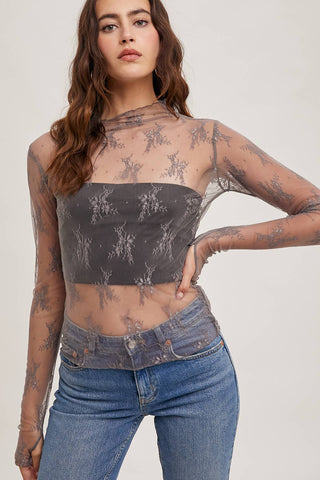 Mila Floral Embroidery Lace Mesh Layering Top | Nude