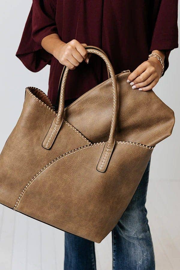 2-in-1 Stitch Trim Detail Shoulder/Tote Set Bag | Gray