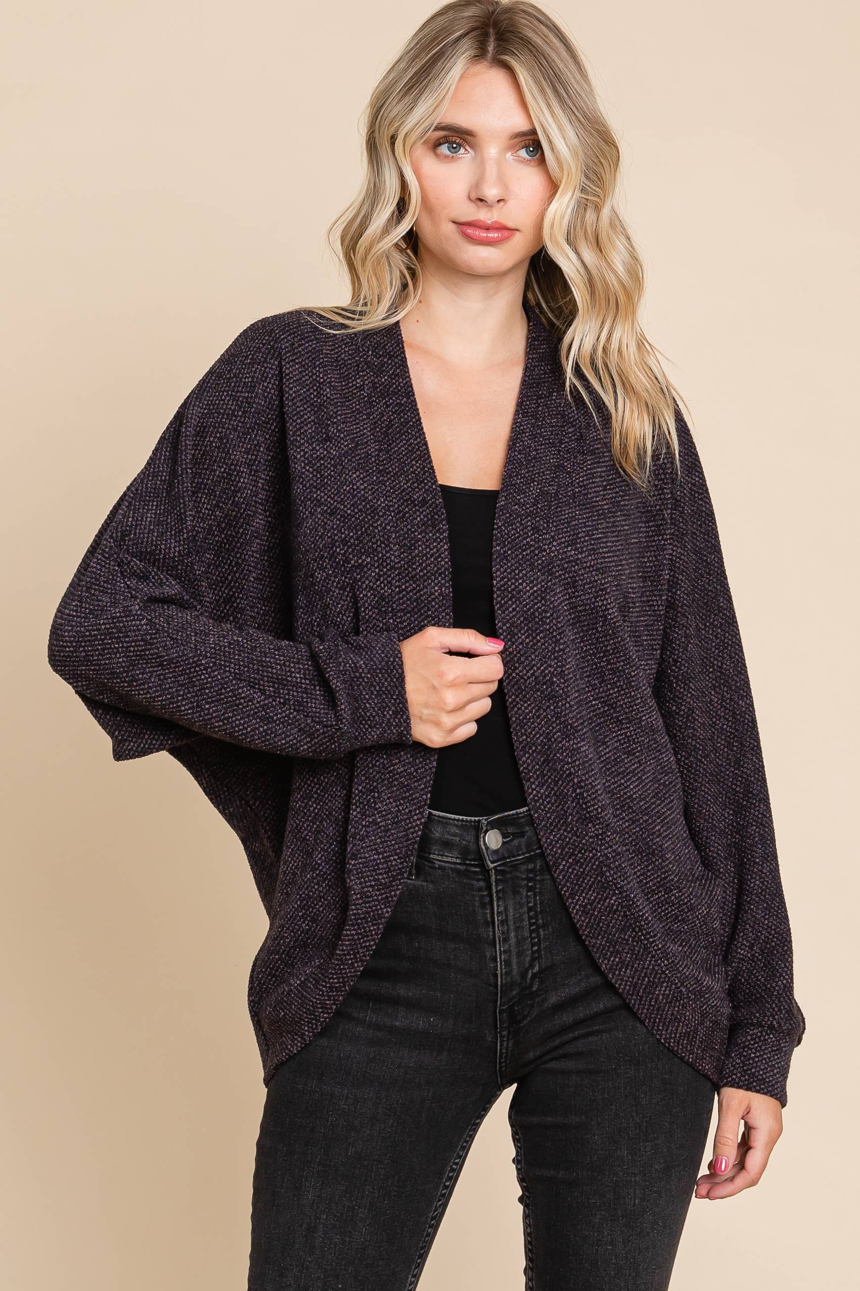 Plus Size Jacquard Knit Open Front Circle Cardigan