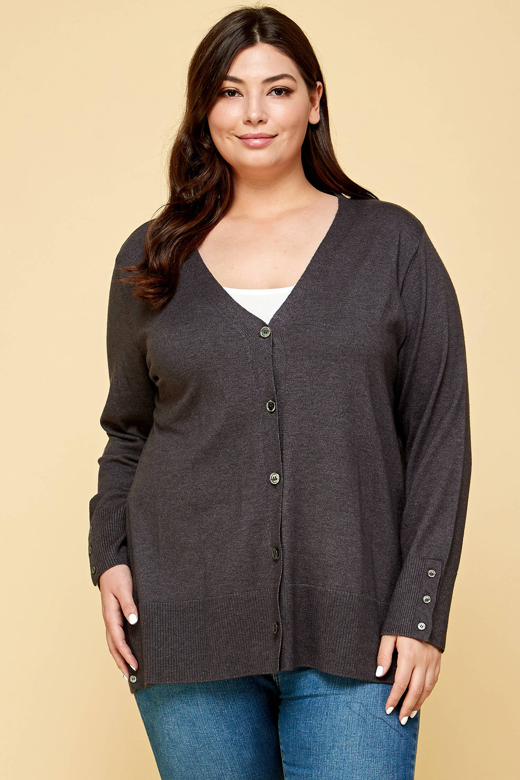 Charlie Plus Size Button Up Knit Cardigan | Charcoal