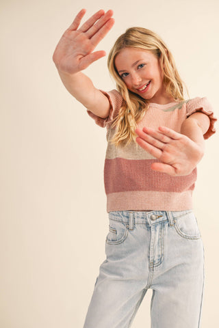 Maeve Tween Striped Puff Sleeve Cropped Sweater
