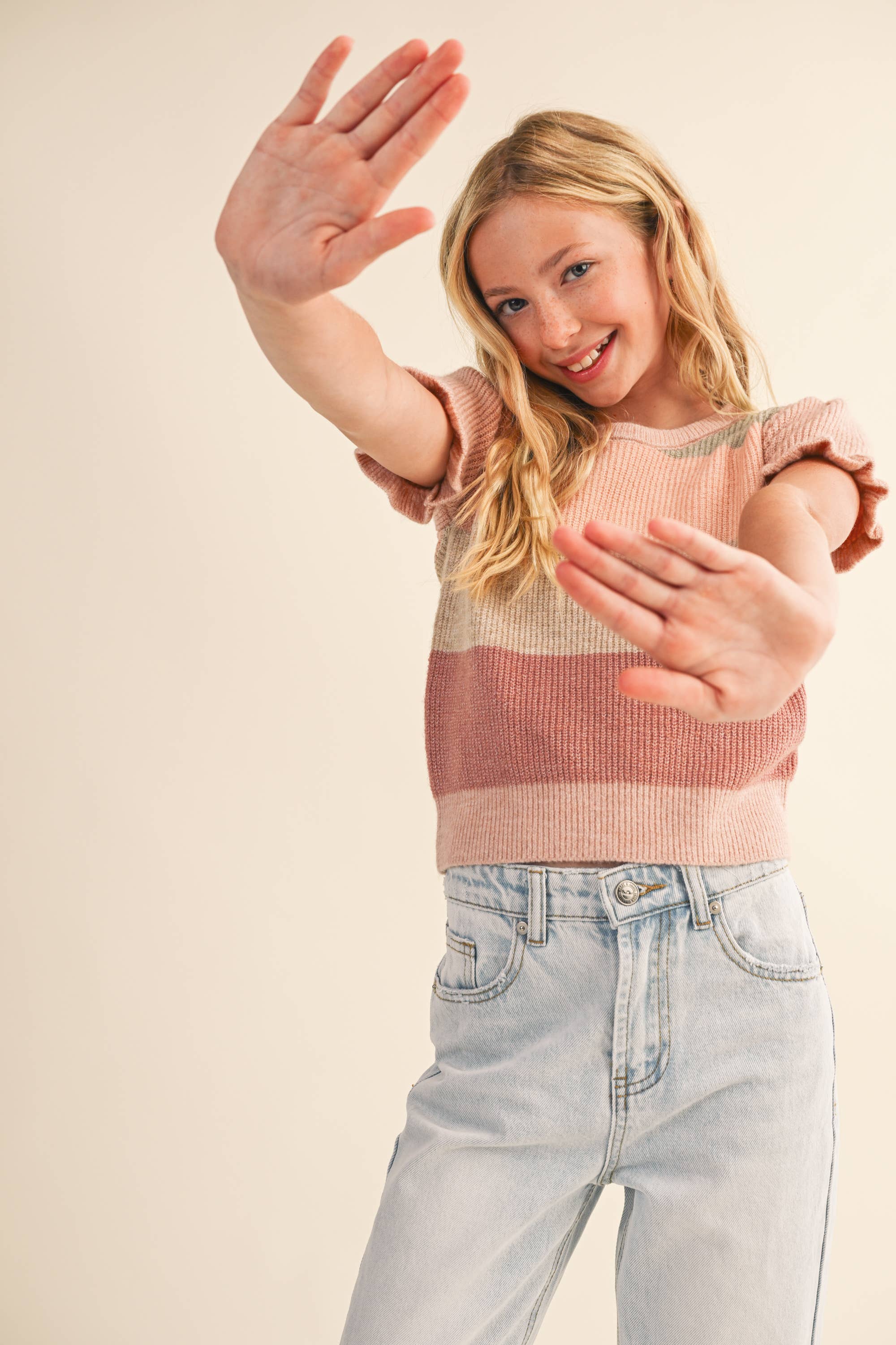 Maeve Tween Striped Puff Sleeve Cropped Sweater