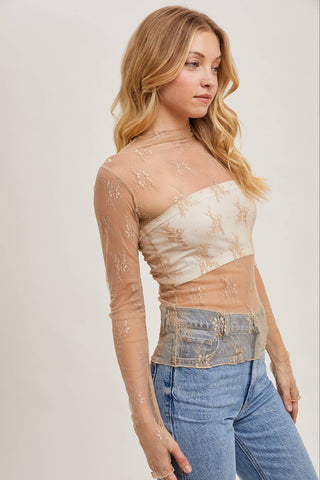 Mila Floral Embroidery Lace Mesh Layering Top | Hazelnut