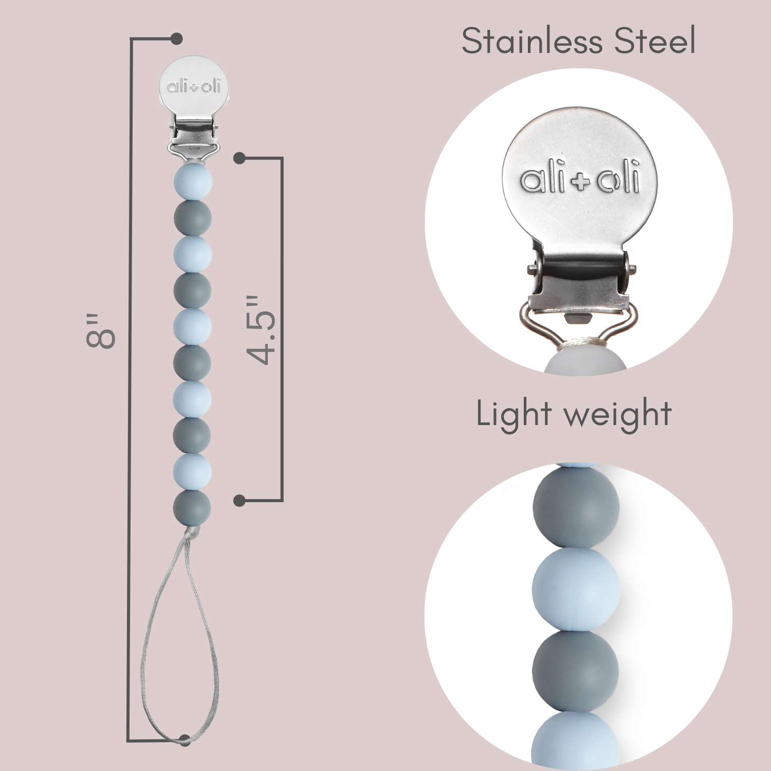Ali+Oli Silicone Pacifier Clip | Iron