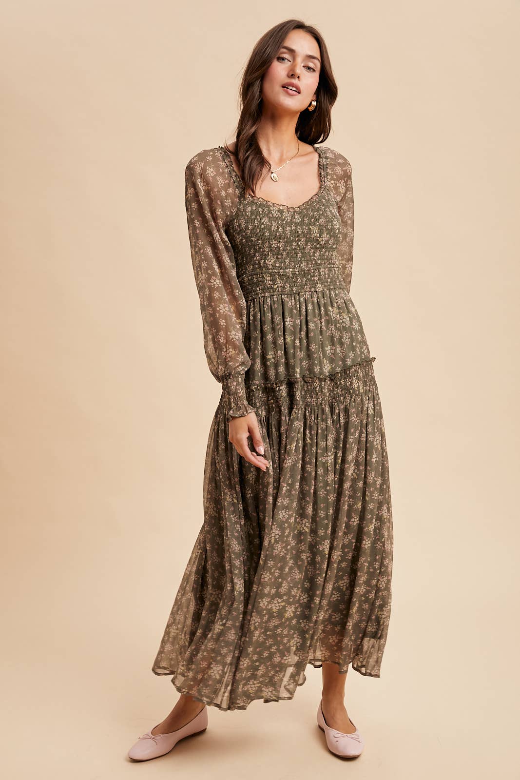 Ivy Smocked Floral Maxi Dress | Dusted Eucalyptus