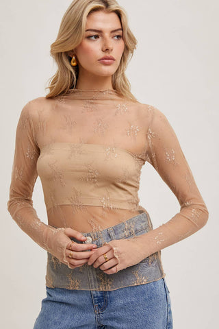 Mila Floral Embroidery Lace Mesh Layering Top | Hazelnut