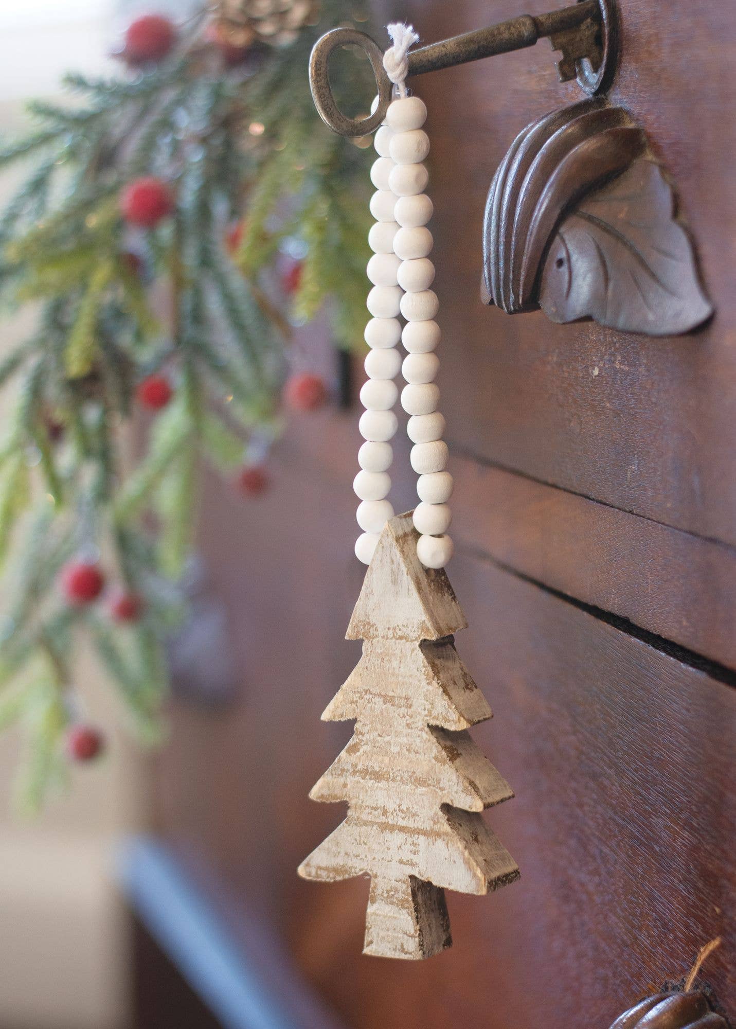 Distressed Wooden Tree Beaded Ornament