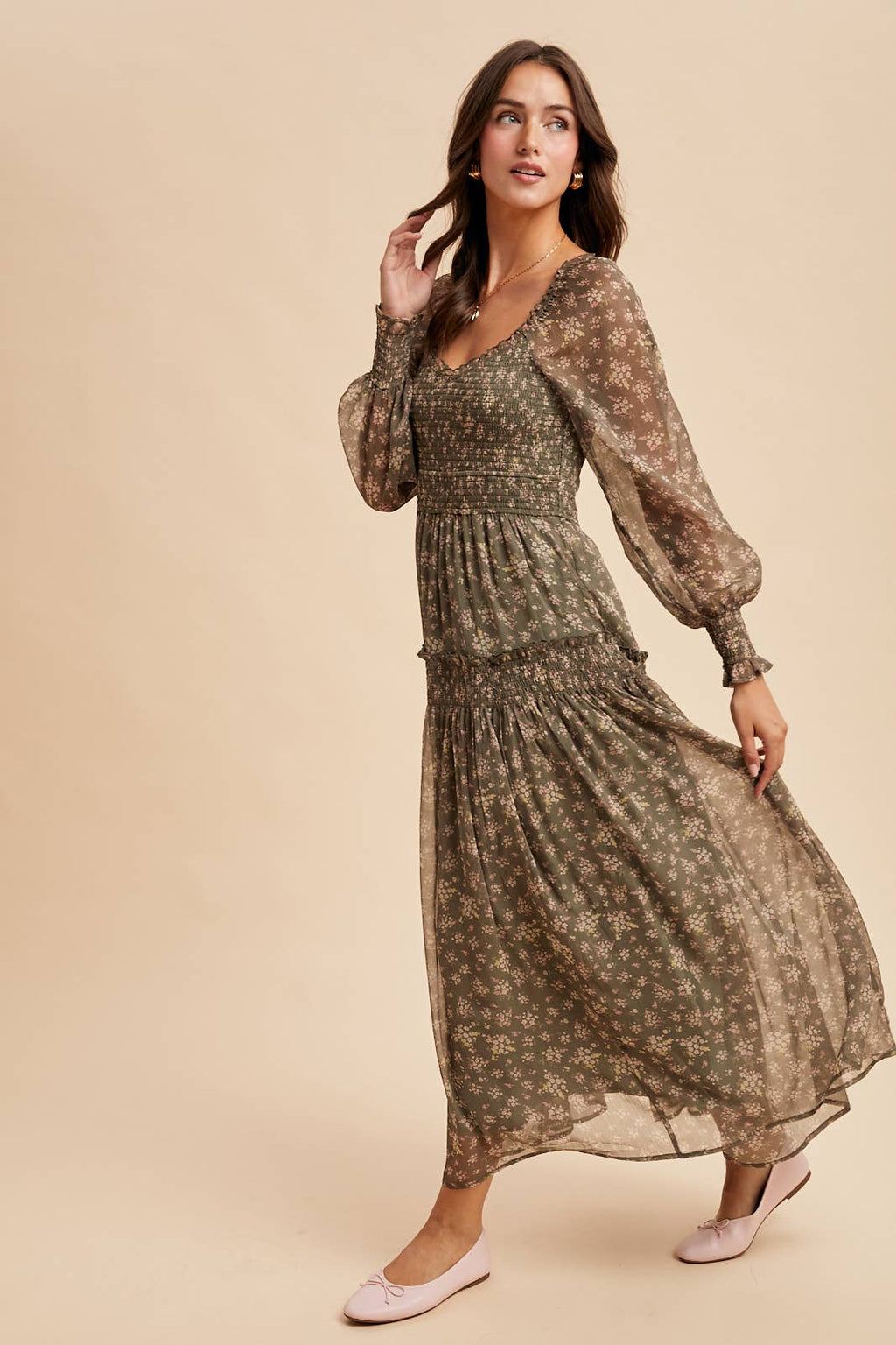 Ivy Smocked Floral Maxi Dress | Dusted Eucalyptus