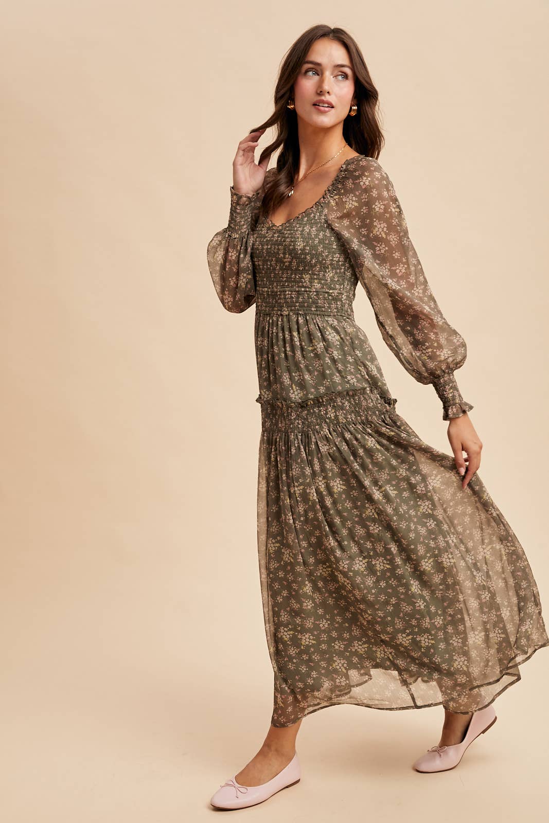 Ivy Smocked Floral Maxi Dress | Dusted Eucalyptus