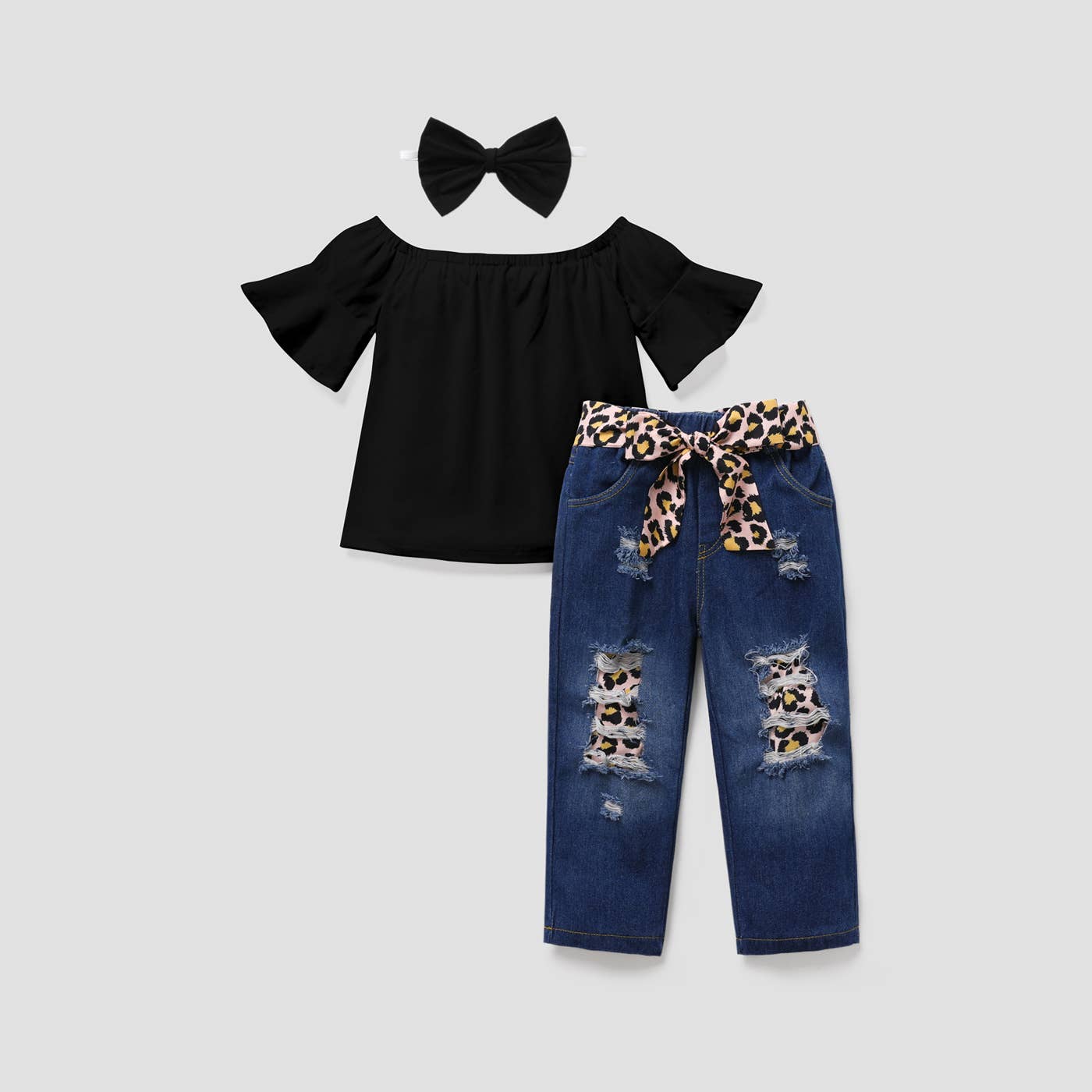 Fiona Flutter-Sleeve Top, Jeans + Bow Set | Leopard + White