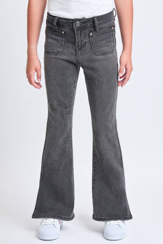 Girls Flare Front Patch Pocket Side Slit Hem Jeans | Black