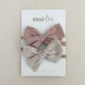 Nylon Stretchy Bow Headband Set - Textured Mauve & Mini Chk