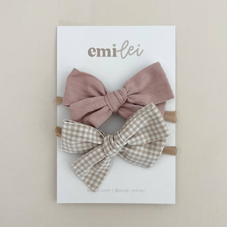 Nylon Stretchy Bow Headband Set | Textured Mauve + Mini Check