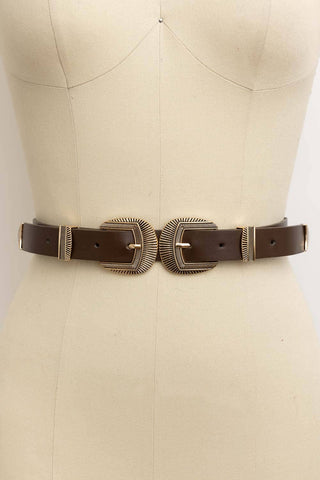 Double Buckle Faux Leather Western Style Belt | Black