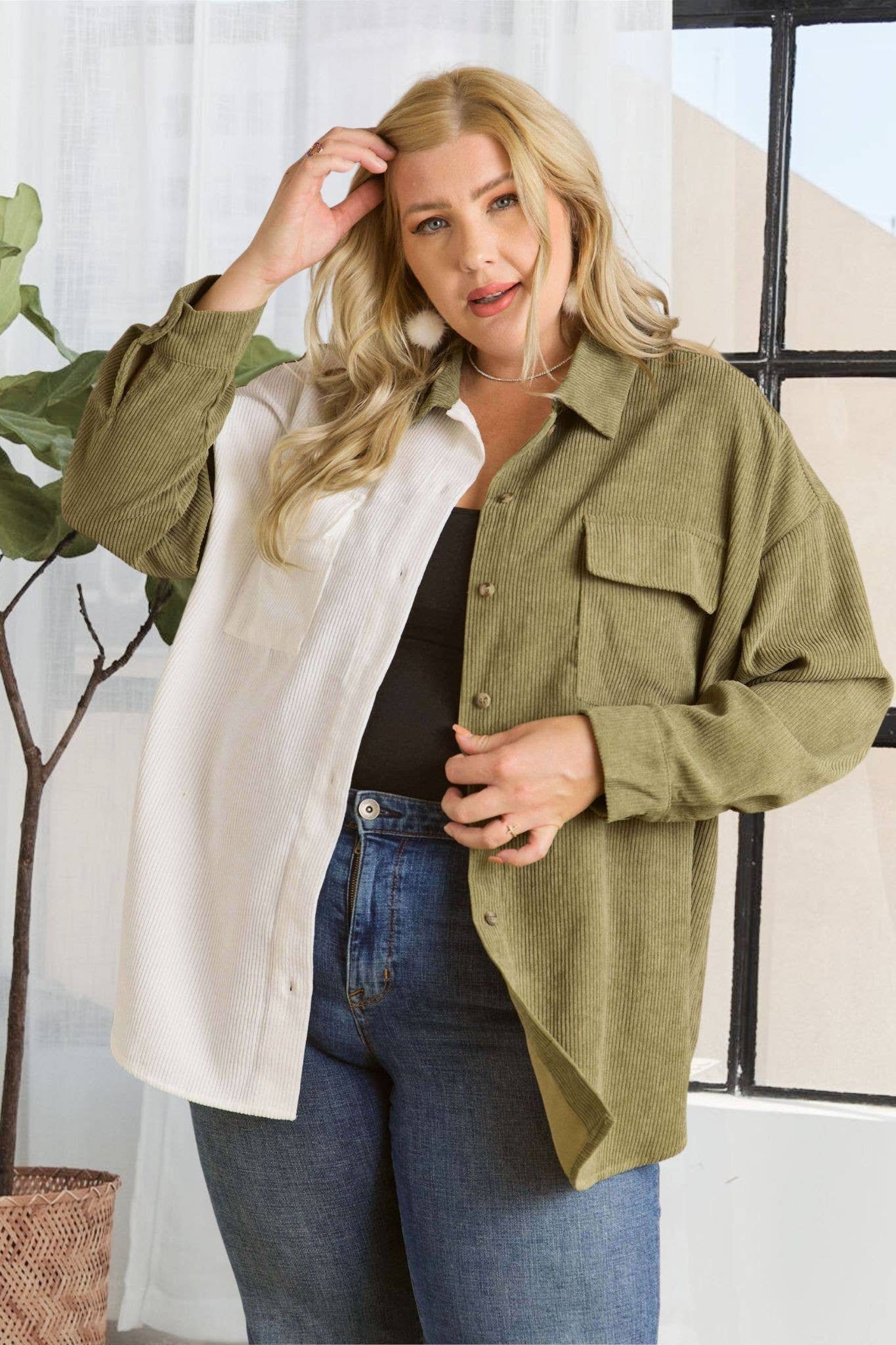 Oakley Plus Size Colorblock Shacket | Olive + White