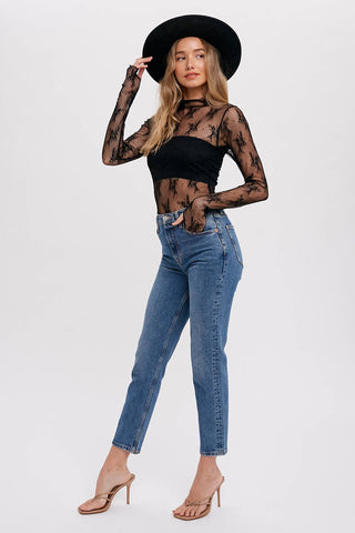 Mila Floral Embroidery Mesh Layering Top | Black